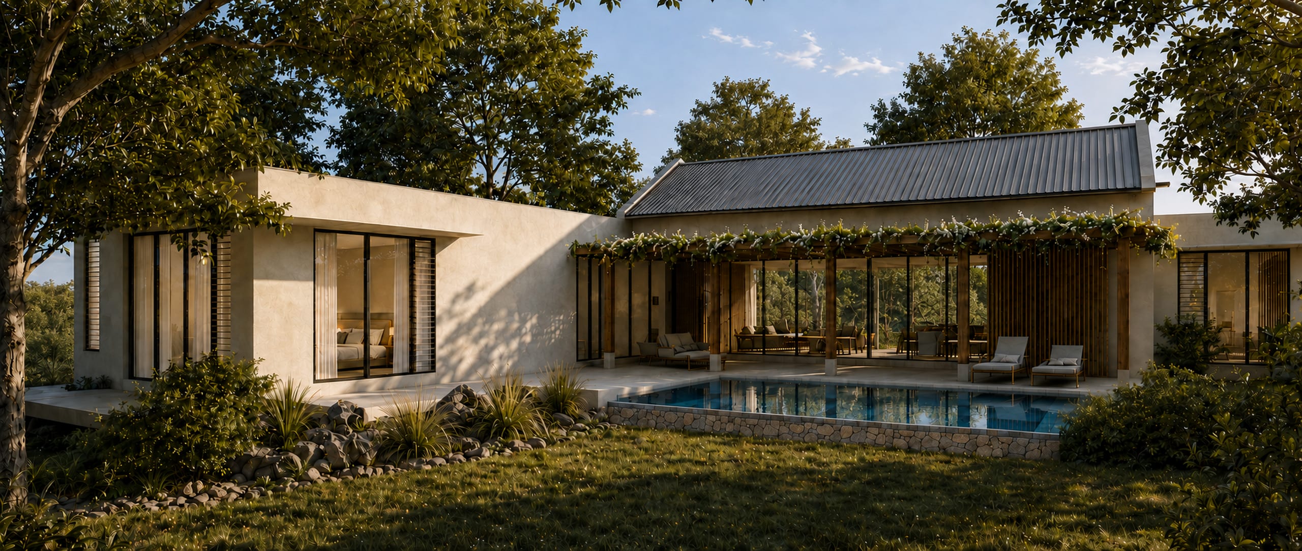 Cover render of the villa at Wolmar seen from the garden across the swimming pool
